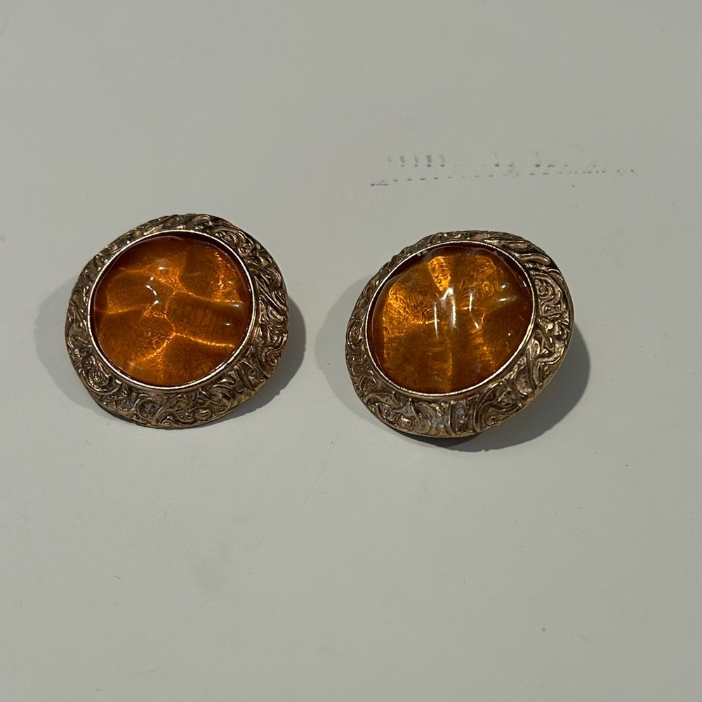 Yves Saint Laurent Vintage Gold Clip On Amber Lucite Earrings 80's Hollywood